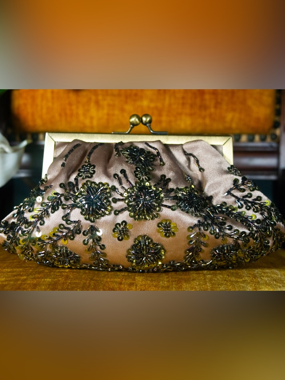 Beaded Satin Evening Clutch in Mauve with Floral Embroidery
